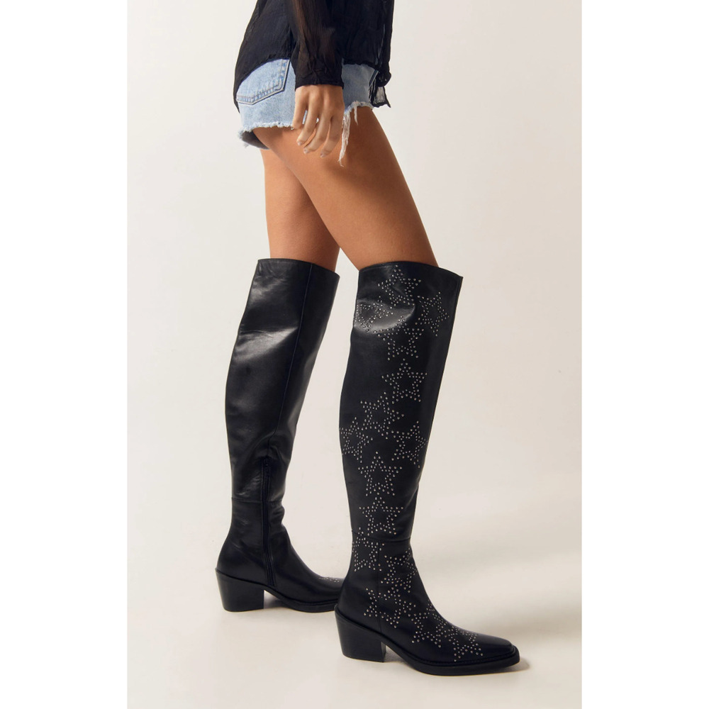 NEW NASTY GAL BLACK LEATHER STAR STUDDED OVER THE KNEE COWBOY BOOTS SZ 38 US 7 - Picture 7 of 8